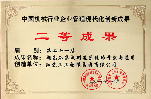 XPJ电缆获评“中国机械行业企业管理现代化创新成果二等成果”